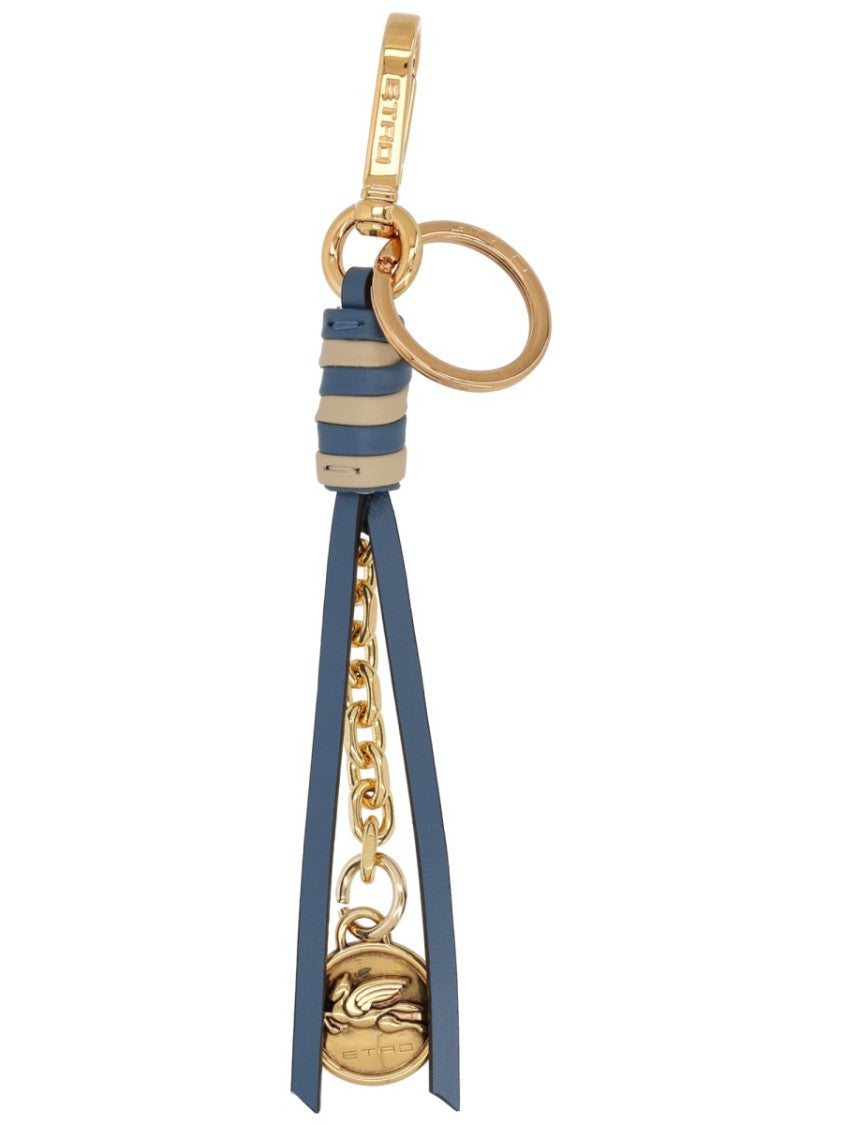 Etro Muted Blue Beige Leather Medallion Keychain