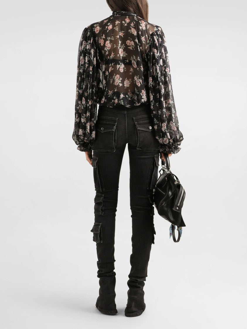 Dolce & Gabbana Black Sheer Floral Print Silk Blouse