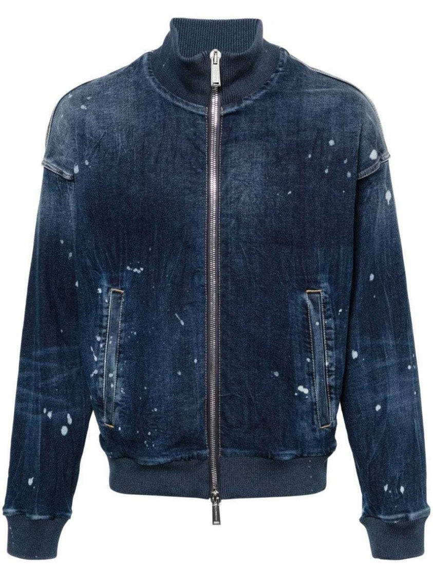 Dsquared2 Navy Blue Logo-Print Denim Bomber