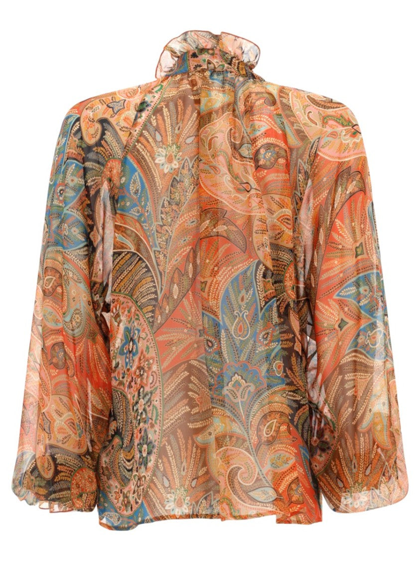 Etro Regular Fit High Ruffled Neckline Silk Blouse