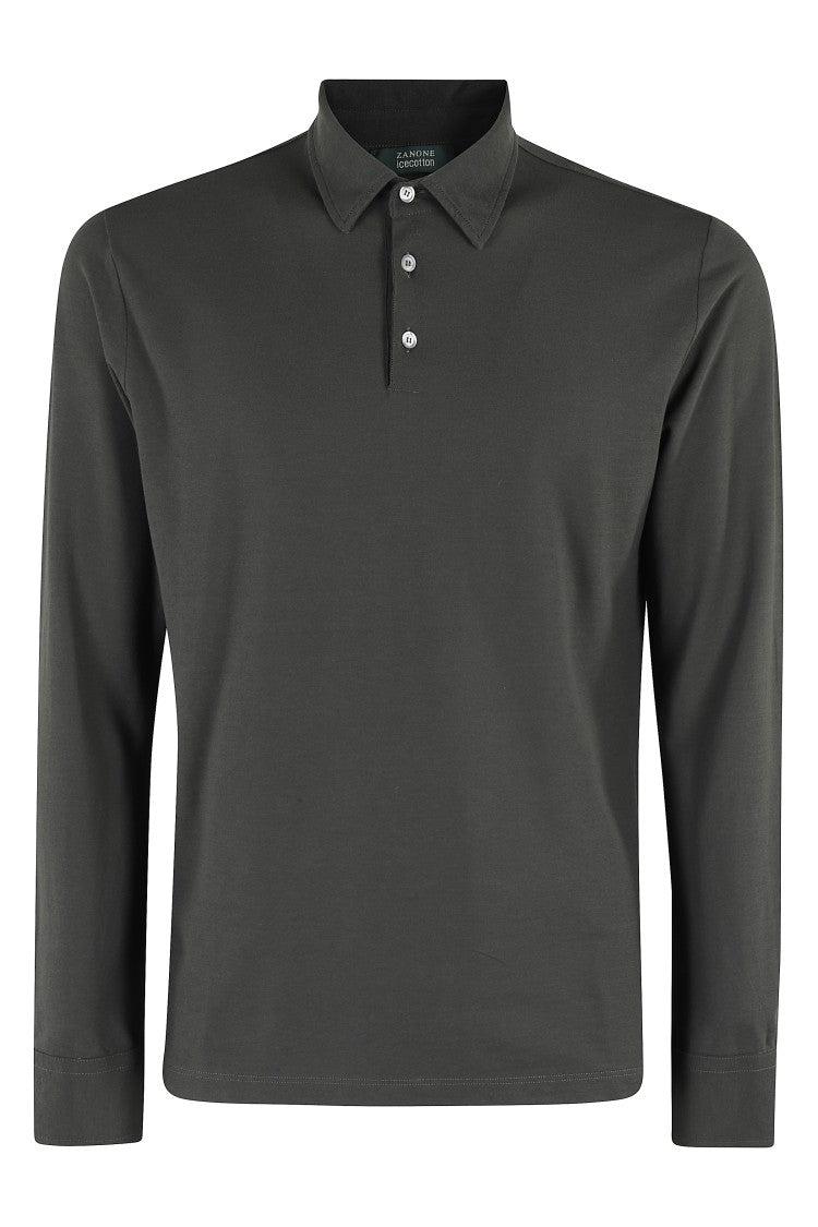 Zanone Long-Sleeved Polo Shirt In Dark Green Ice Cotton