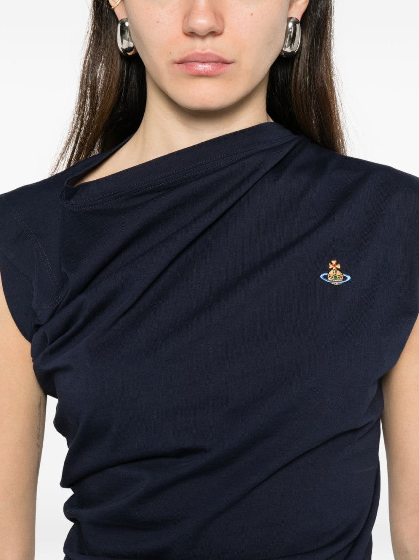 Vivienne Westwood Deep Navy Asymmetrical Draped Top With Embroidered Emblem