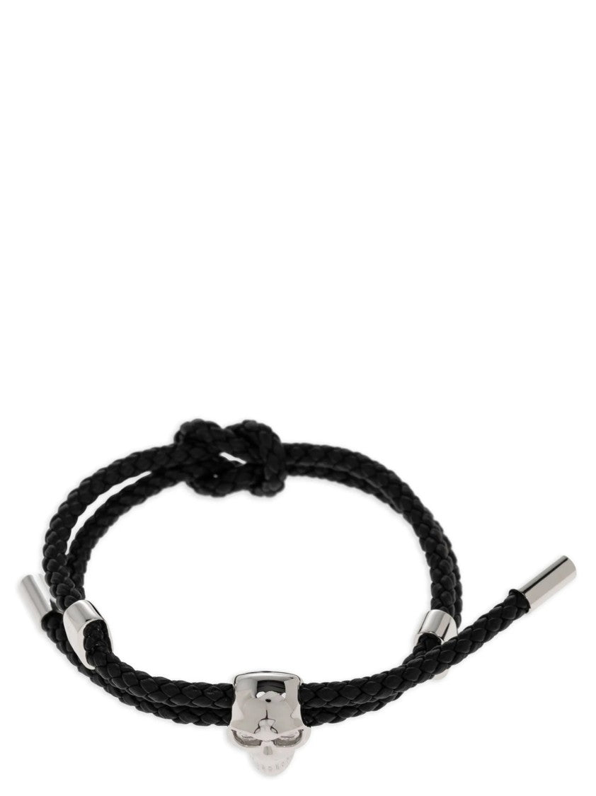 Mcqueen Braided Leather Bracelet With Polished Silver Skull Pendant
