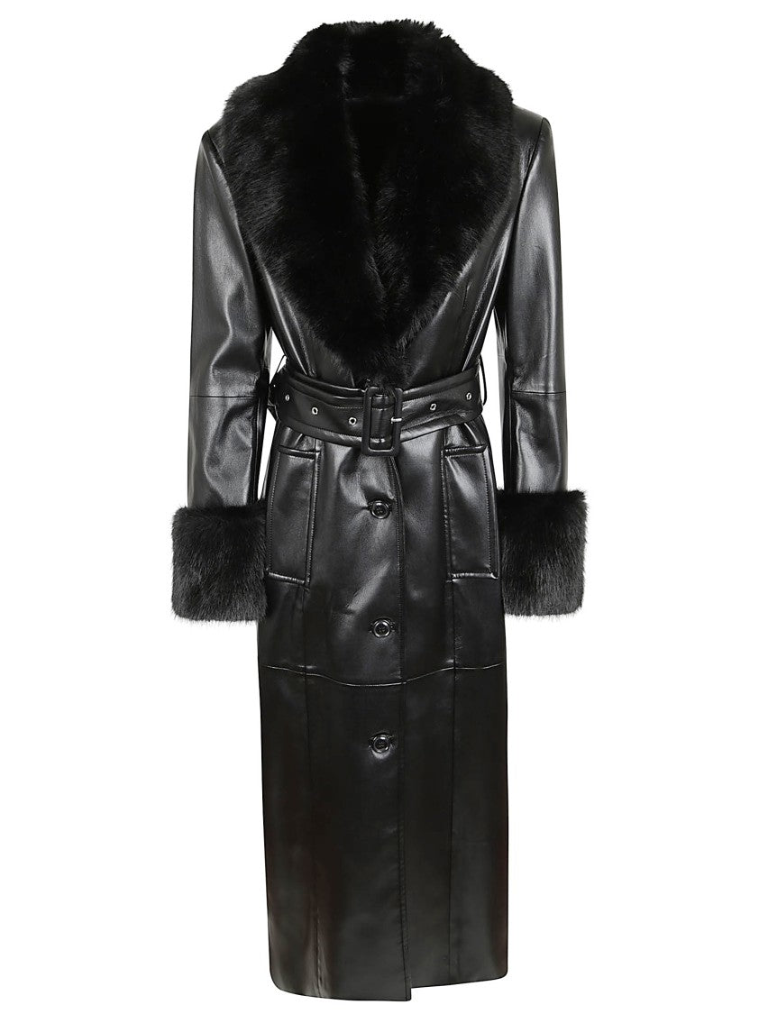 Stand Studio Black Long Coat With Plush Fur Collar And Tailored Belt
