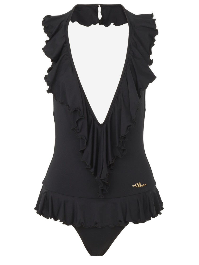 Chloé V-Neck Swimsuit With Ruffle Edges And Logo Detail