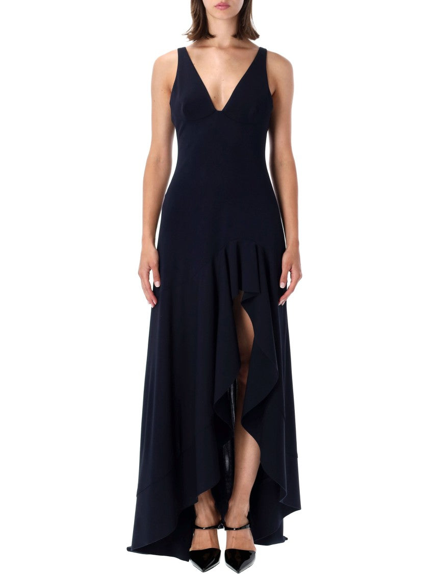 Stella Mccartney Asymmetrical Frill Long Dress With Deep V-Neckline