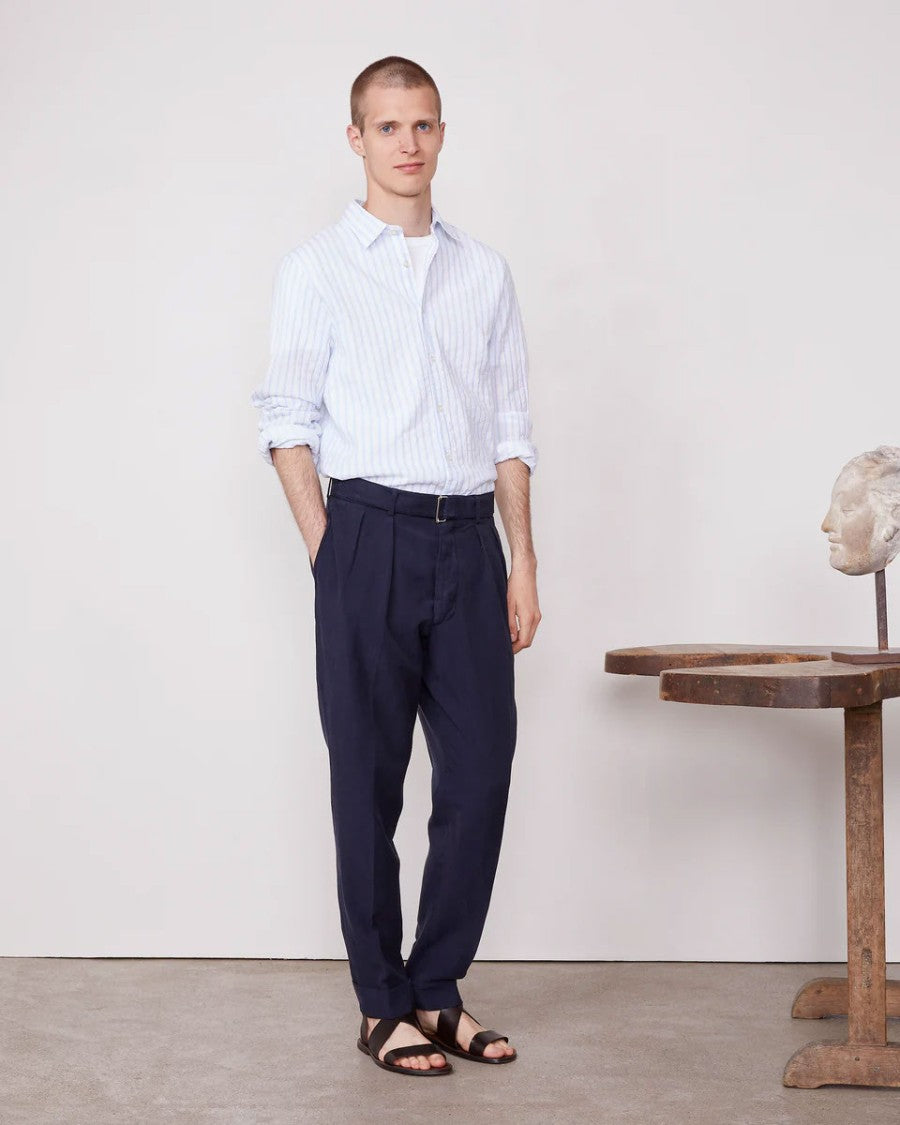 Officine Generale Tapered Blue Pants With Pleated Front