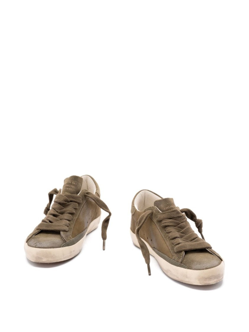 Golden Goose Low-Top Sneakers With Distressed Olive Green Silk