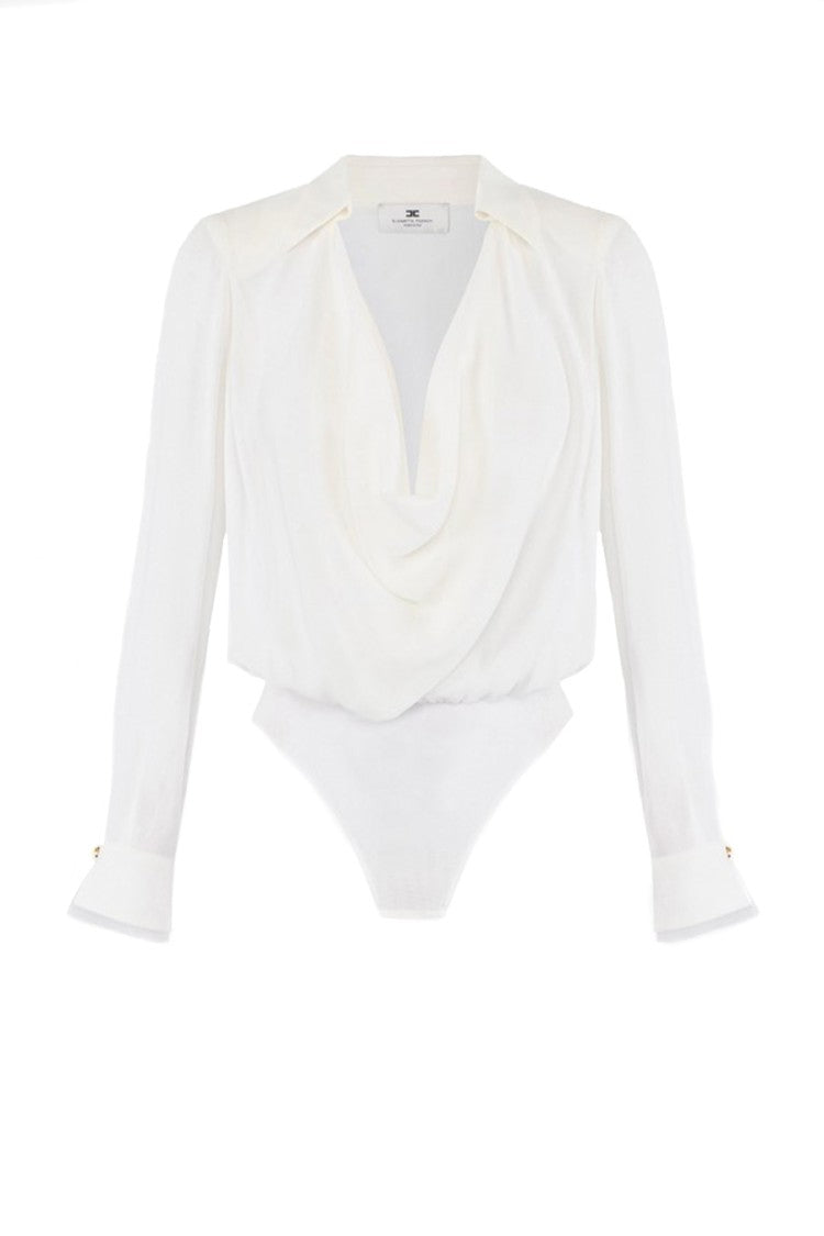 Elisabetta Franchi Ivory Draped Cowl Neck Gold Cuff Buttons Viscose Bodysuit