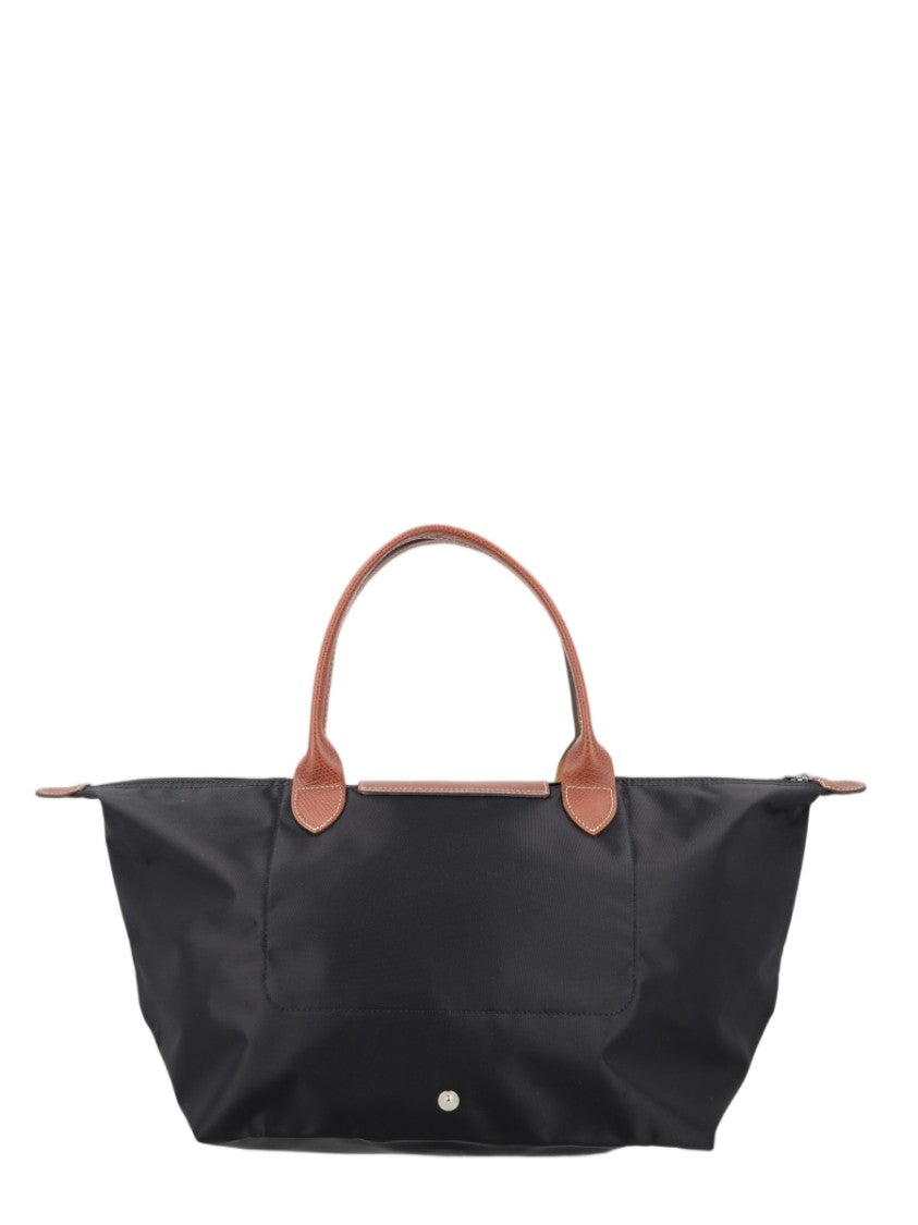 Longchamp Structured Black Polyamide Tote With Brown Leather Flap Closure