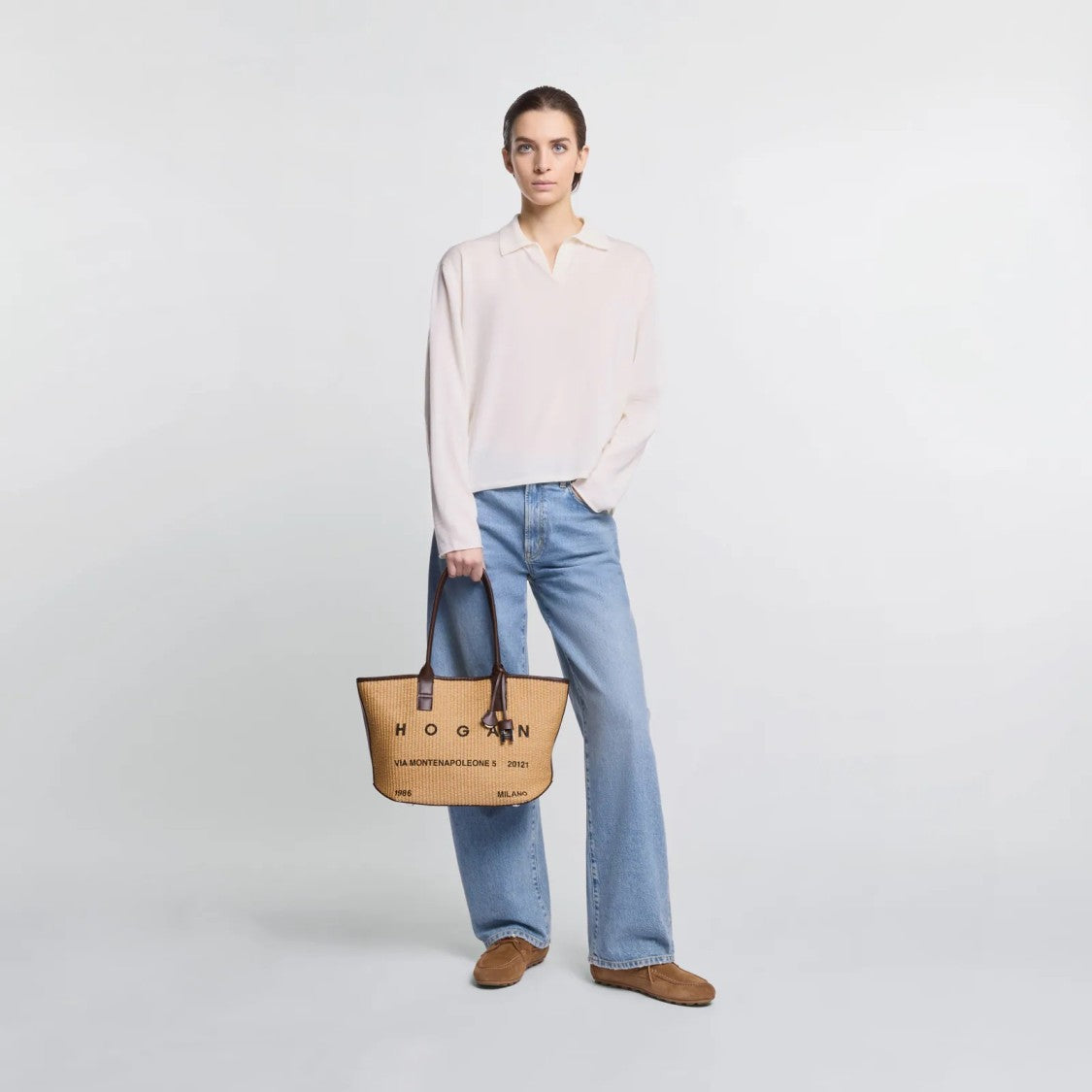 Hogan Beige Address Shopping Piccola Raffia Shopping Bag