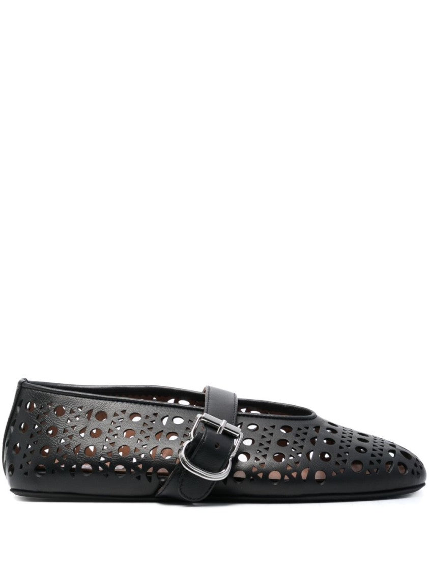 Alaïa Perforated Leather Ballerina Flats With Silver Buckle