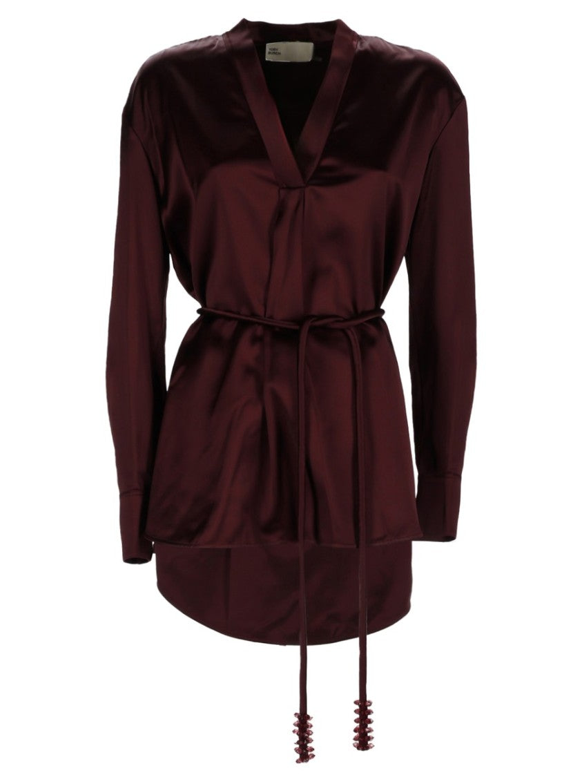 Tory Burch Deep V-Neck Satin Burgundy Belted Top