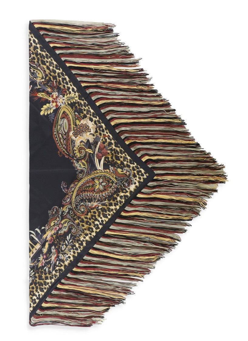 Etro Triangular Silk Scarf With Fantasy Motif And Fringed Edging
