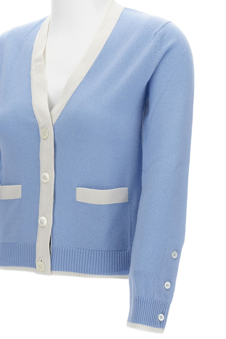 Thom Browne V-Neck Knitted Cardigan With Patch Pockets And Contrast Trim
