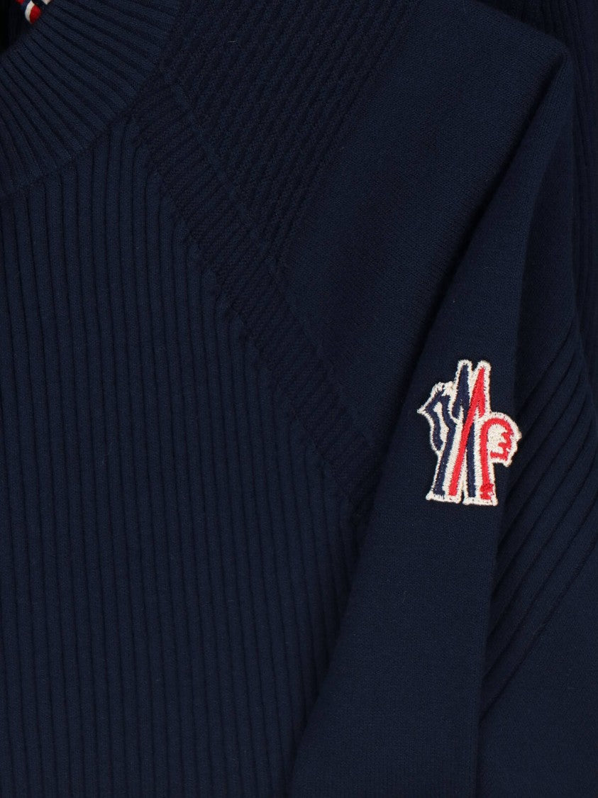 Moncler Grenoble Blue Ribbed Viscose Blend Logo Sweater