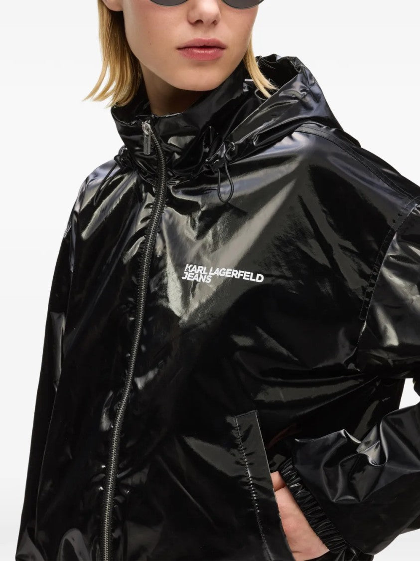 Karl Lagerfeld Glossy Black Cropped Jacket With High Collar