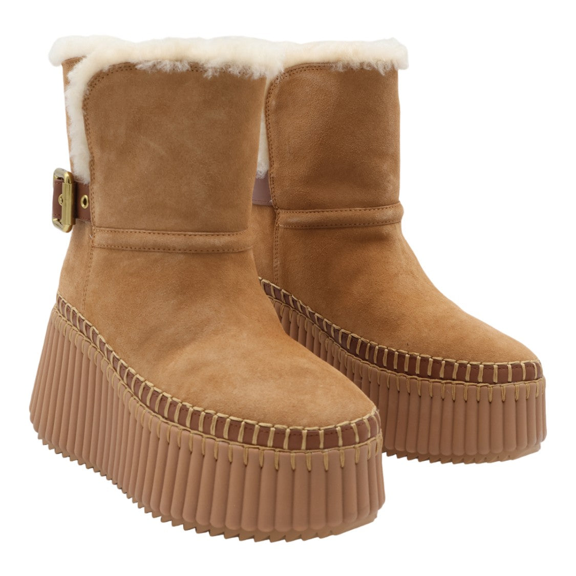 Chloé Suede Shearling Lined Gold Buckle Platform Boots