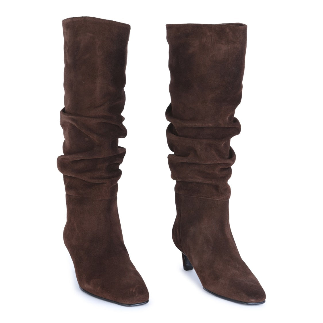 Alohas Brown Leather Pointed Toe Ruffled Mid-Length Boots