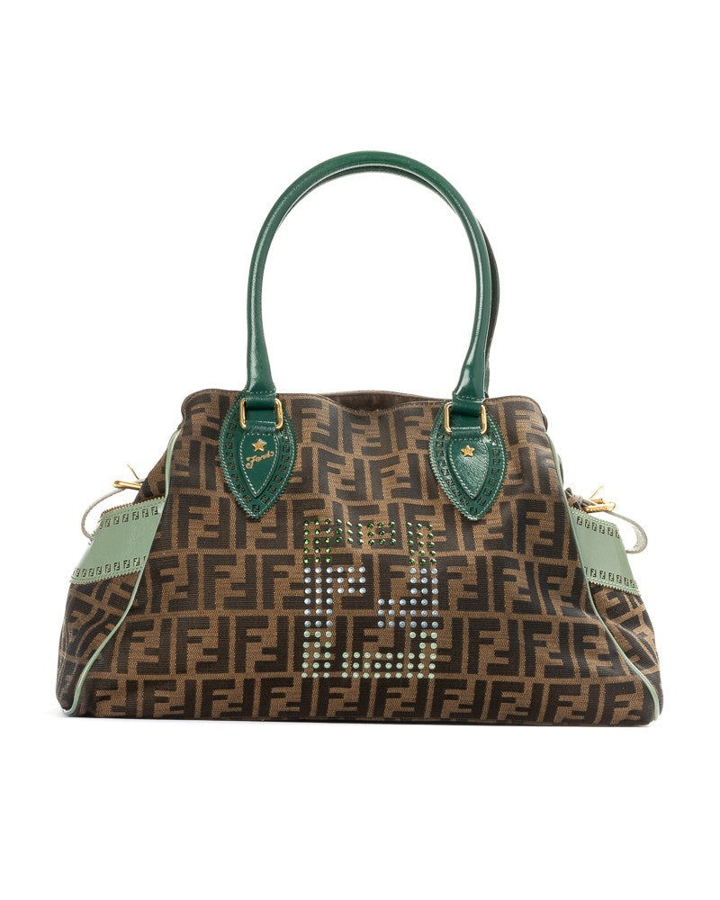 Fendi Medium Shopper De Jour Star With Ff Logomania Design And Green Accents