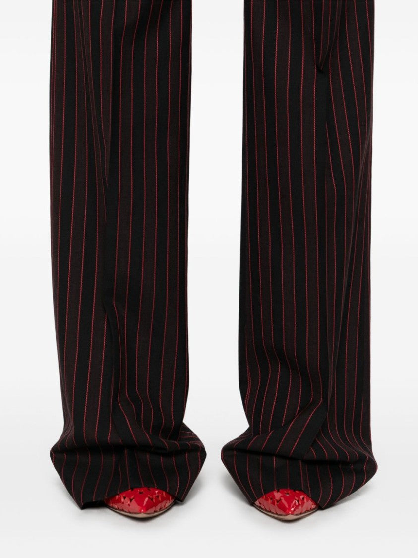 Alexander Mcqueen Wide-Leg Black Trousers With Pinstripe Pattern And Waist Tabs