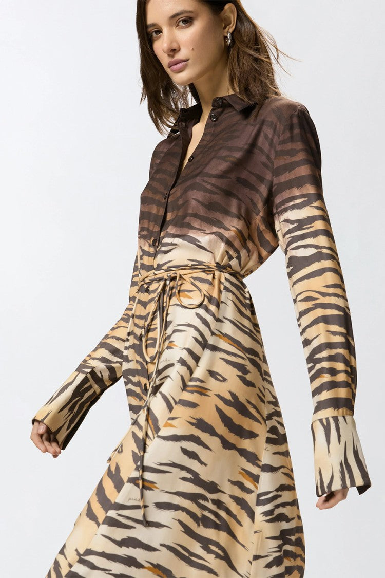 Pinko Brown Tiger-Stripe Print Self-Tie Belt Viscose Shirt