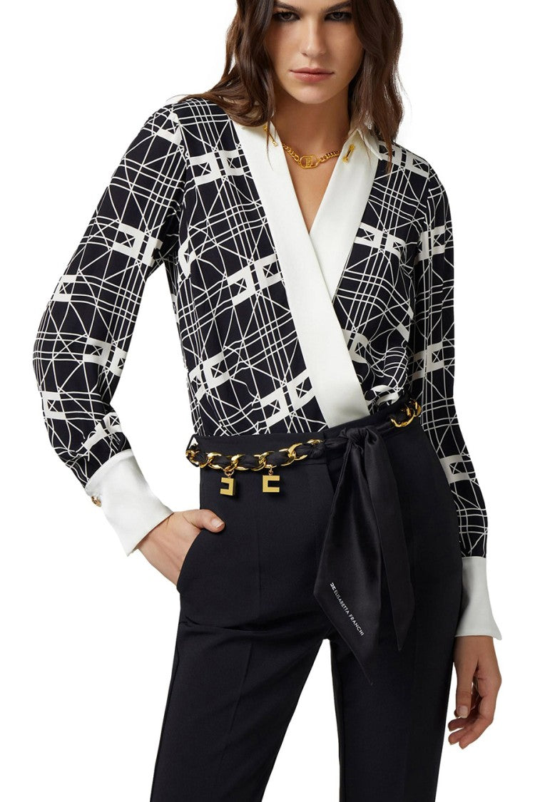 Elisabetta Franchi Multicolor Silk-Elastane Geometric-Print Wrap Bodysuit