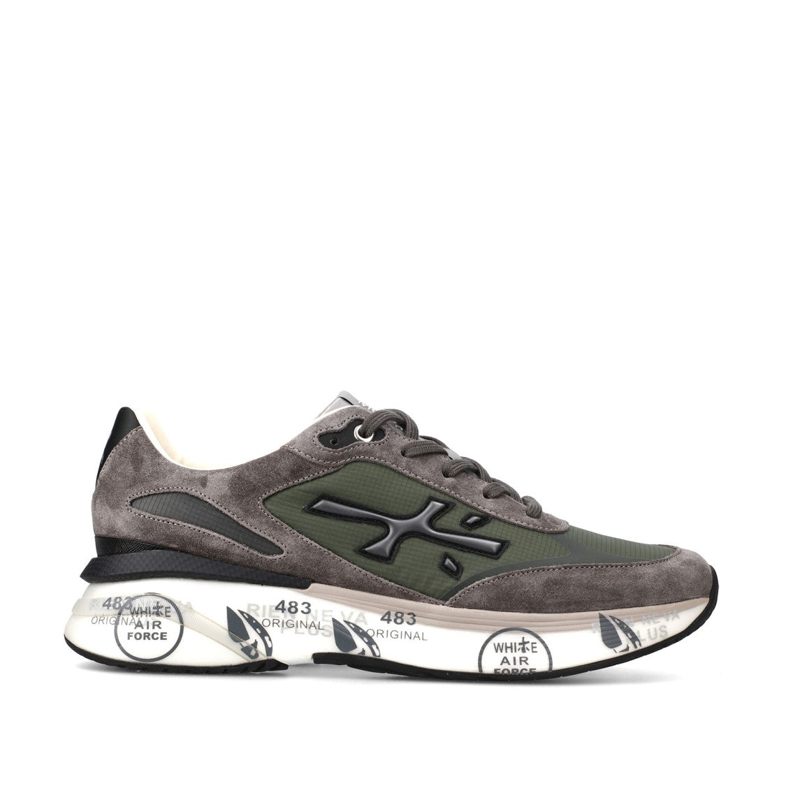 Premiata Moerun Sneakers In Gray Suede And Technical Fabric Green