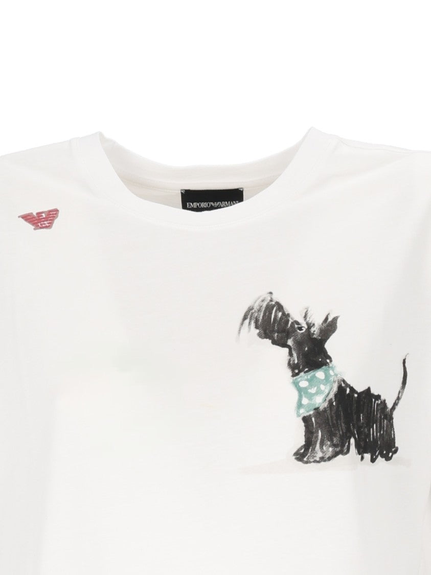 Emporio Armani Cropped White T-Shirt With Playful Dog Graphic