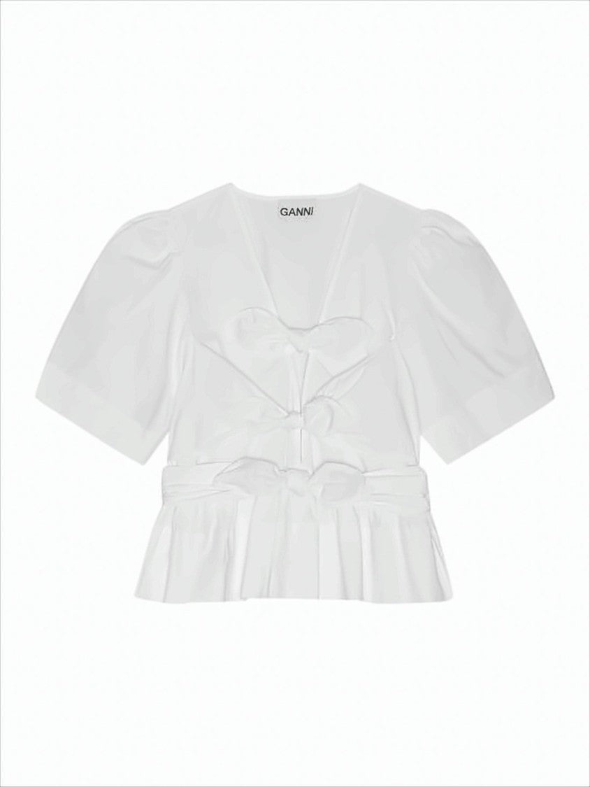 Ganni White V-Neck Blouse With Bow Ties And Peplum Hem