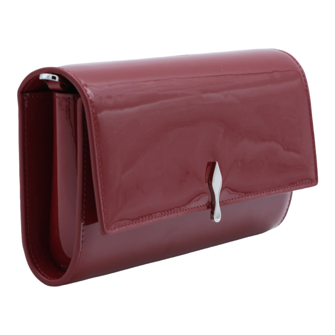 Christian Louboutin Glossy Red Wallet With Silver-Tone Clasp And Chain Strap