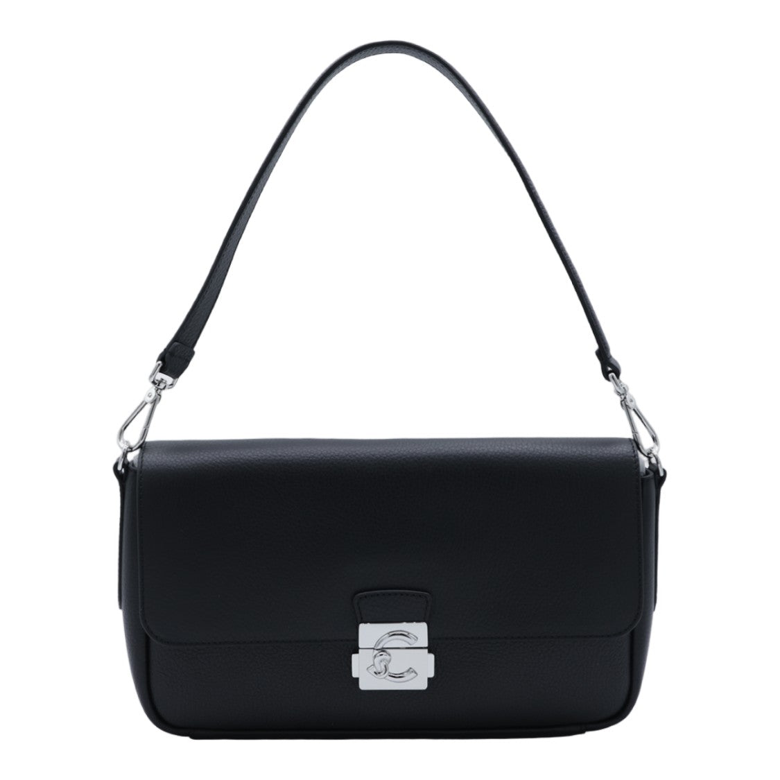 Coccinelle Rectangular Black Leather Shoulder Bag With Silver-Tone Clasp