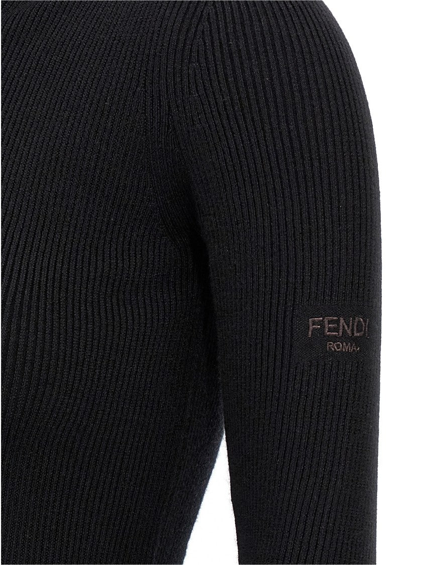 Fendi Ribbed Wool-Silk Hooded Dress With Side Slits