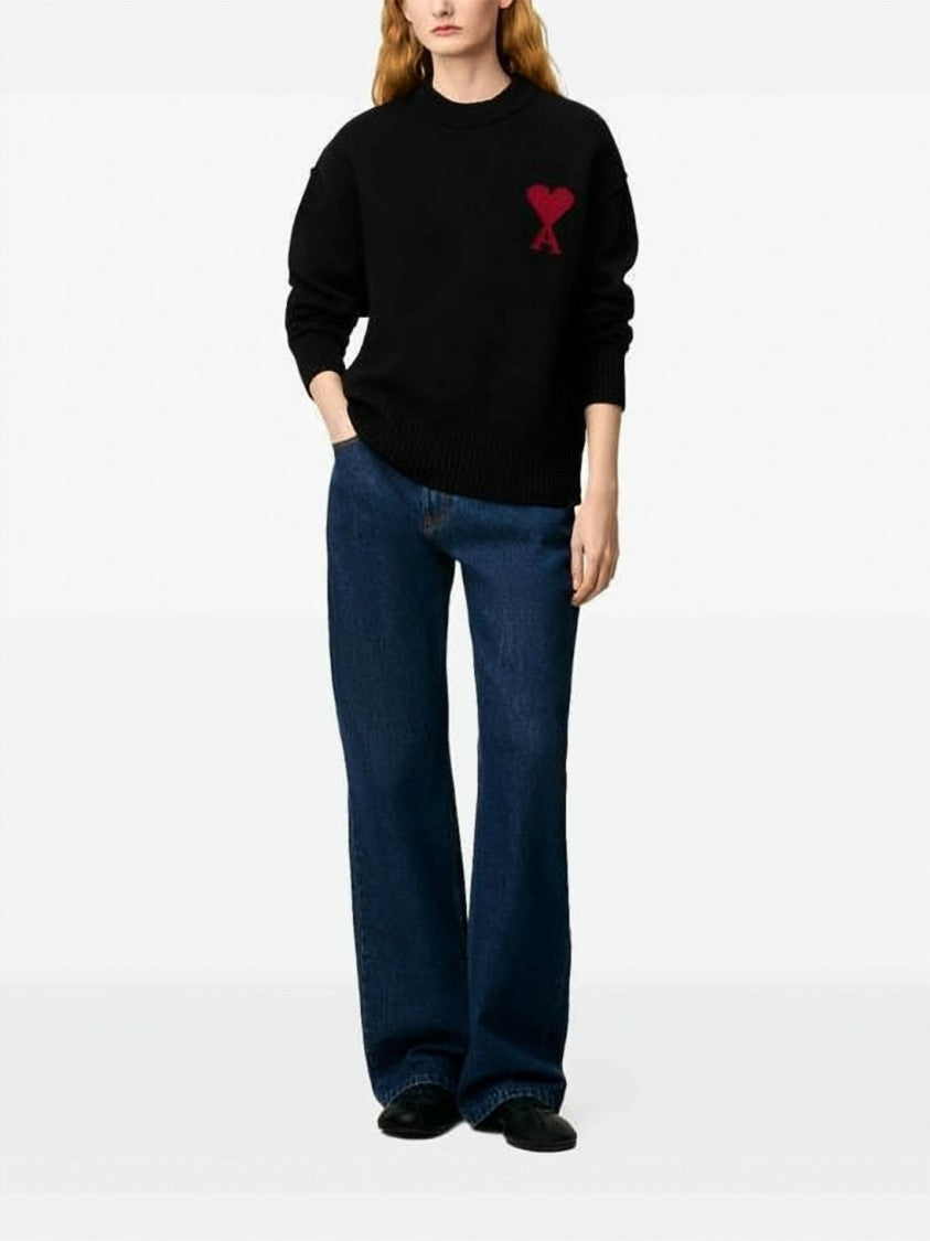 Ami Paris Crew Neck Knitwear Sweater With Bold Heart Emblem
