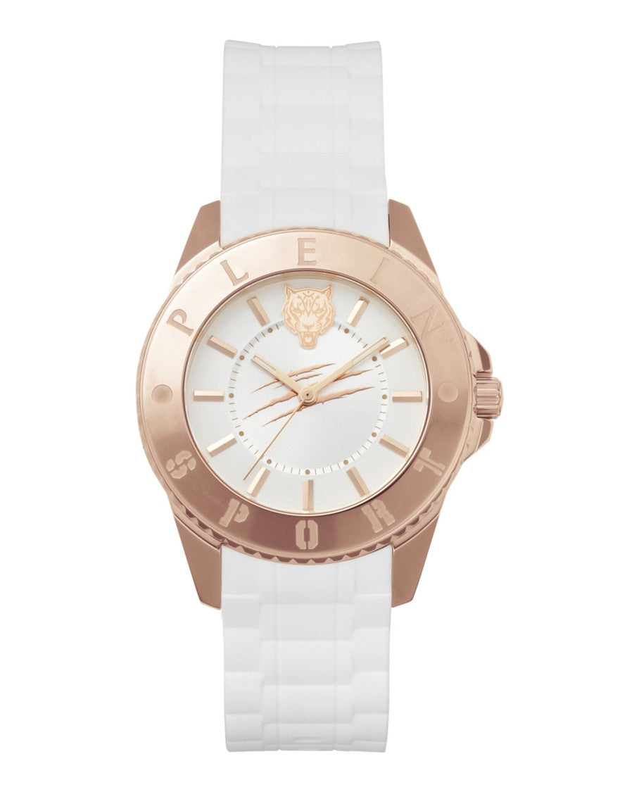 Plein Sport Rose Gold-Tone Silicone Watch With Guilloche Dial And Textured Strap