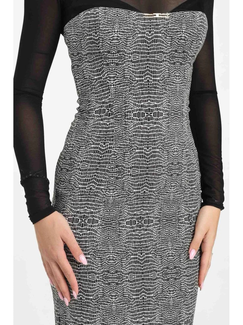 Elisabetta Franchi Fitted Black Sheath Dress With Tulle Upper And Textured Pattern