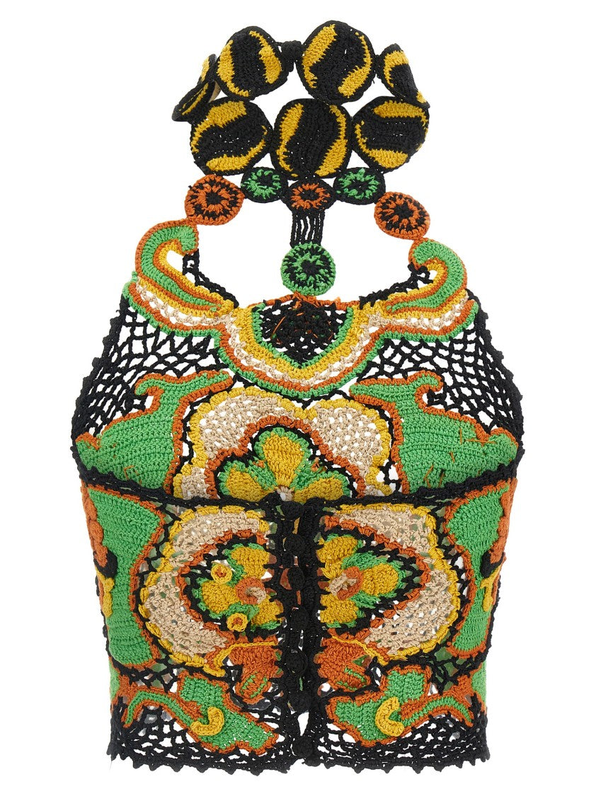 Etro Floral-Pattern Crochet Top With American Neckline And Back Button Closure