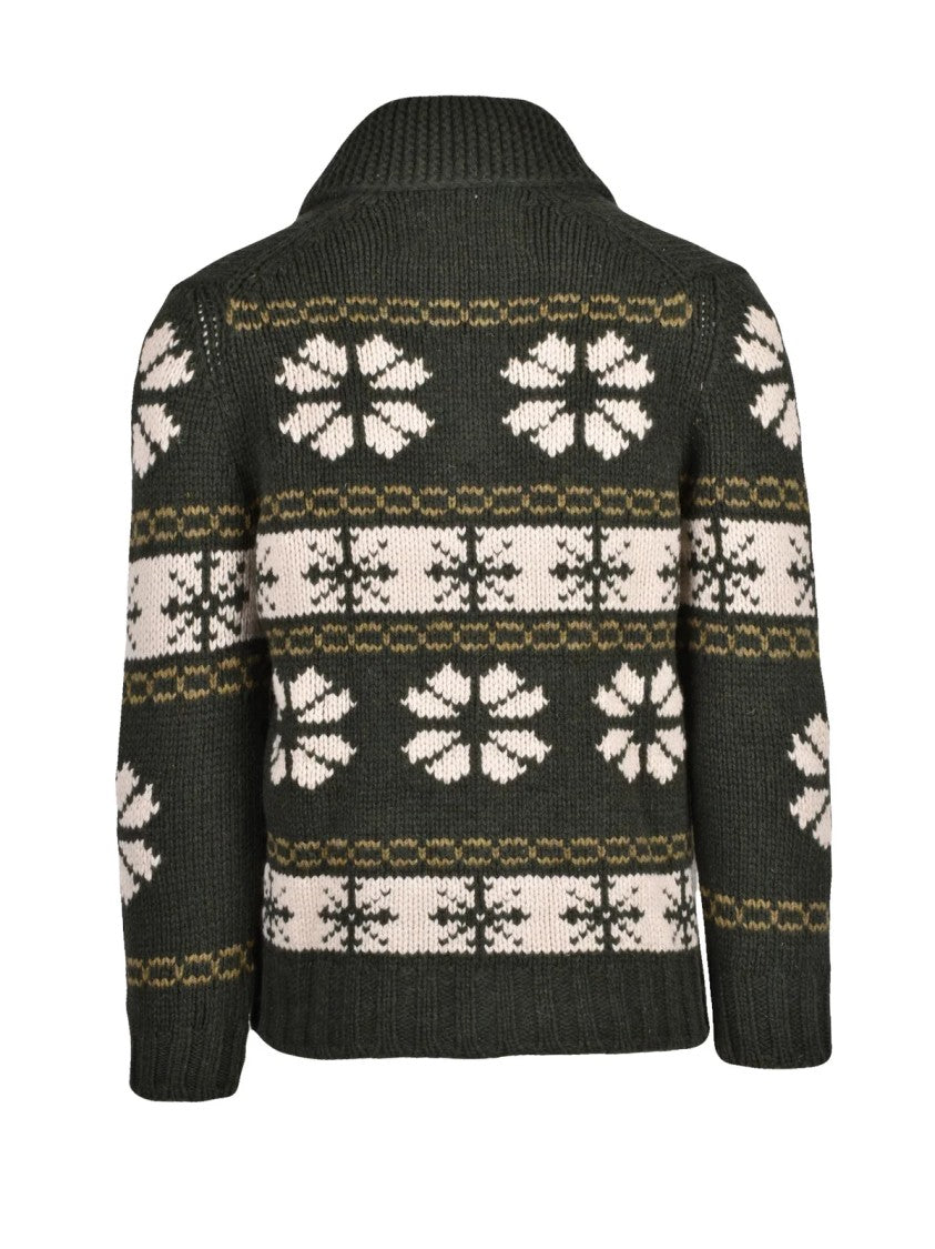 Casa-Isaac Green Wool-Blend Shawl Collar Cardigan