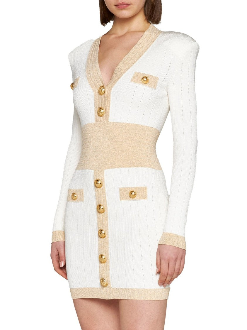Balmain V Neck Golden Edge Knit Dress