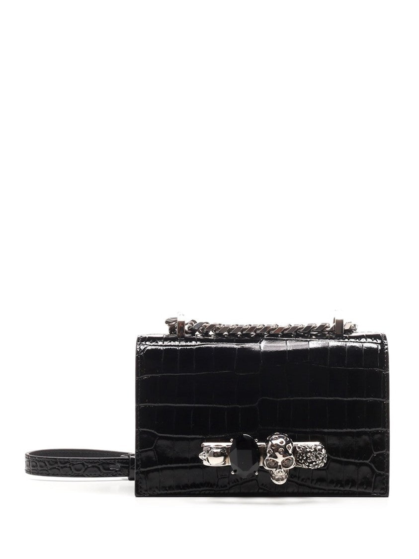 Alexander Mcqueen Crocodile-Embossed Calf Leather Shoulder Bag With Silver Skull
