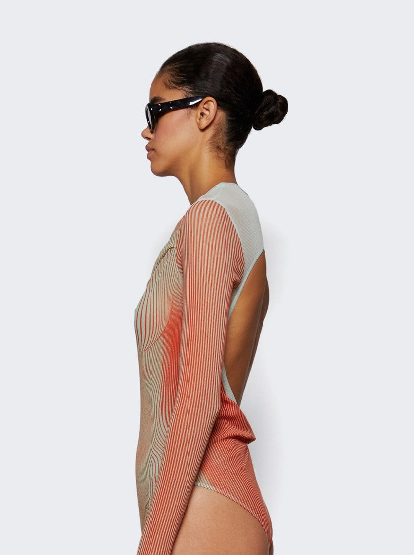 Jean Paul Gaultier Double Layer Pinstripe Body Morphing Bodysuit Mint And Coral