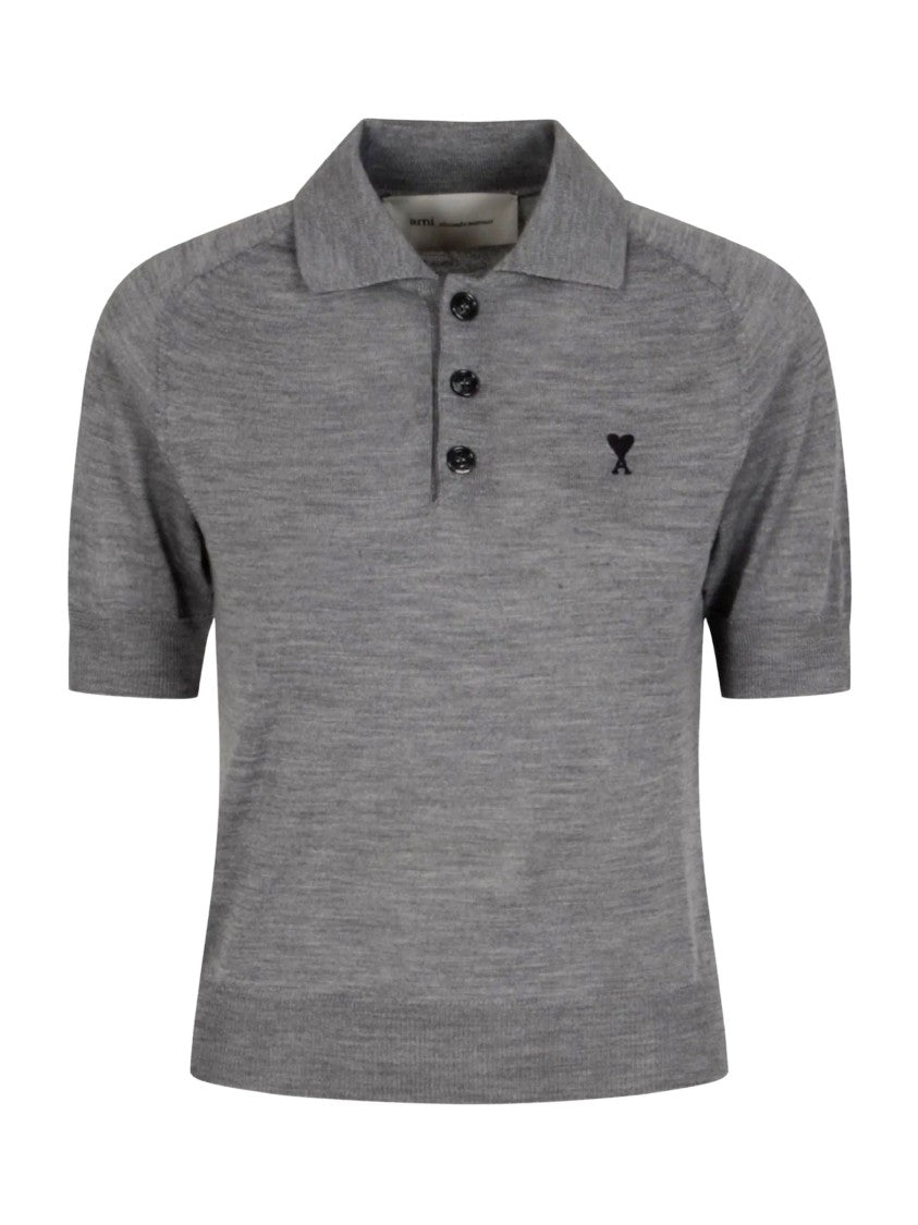 Ami Paris Ami De Coeur Polo Shirt In Luxurious Grey Wool