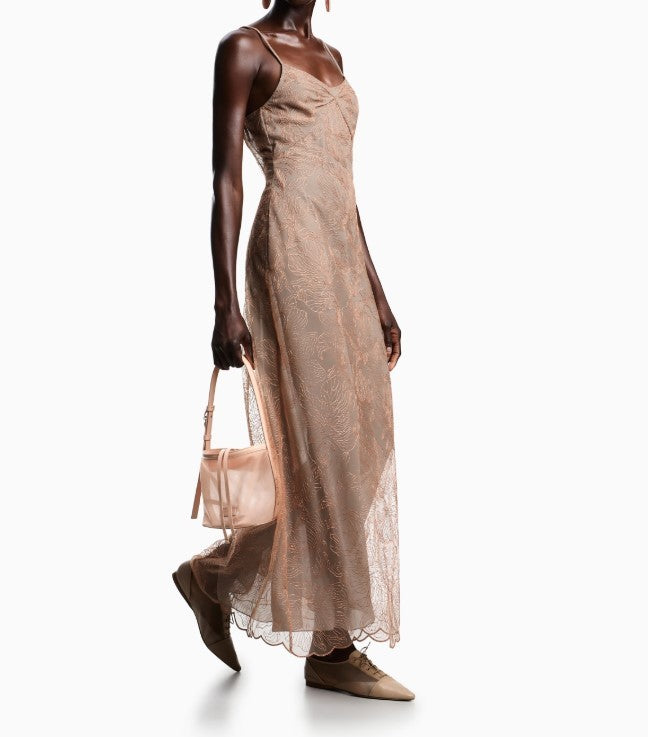 Emporio Armani Long Embroidered Tulle V Neck Dress