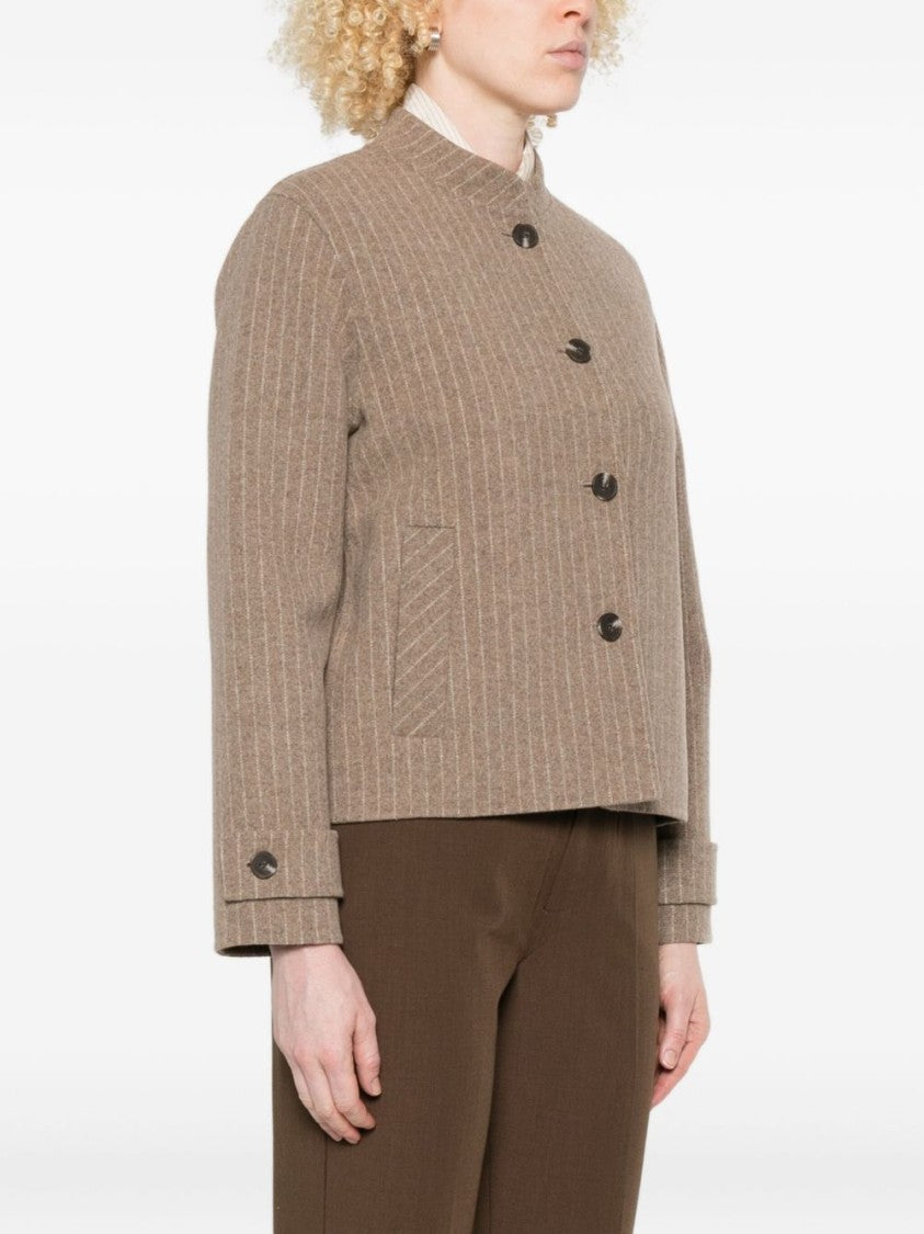 Yerse Cropped Brown Coat With Subtle Pinstripe Pattern