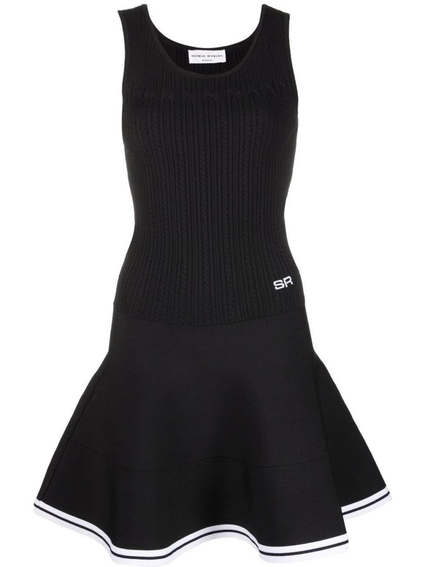 Sonia Rykiel Fitted Black Midi Dress With Textured Knit And Contrasting Trim