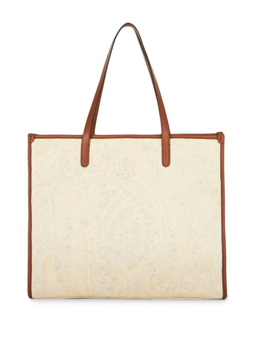 Etro Textured Beige Tote Bag With Leather Handles