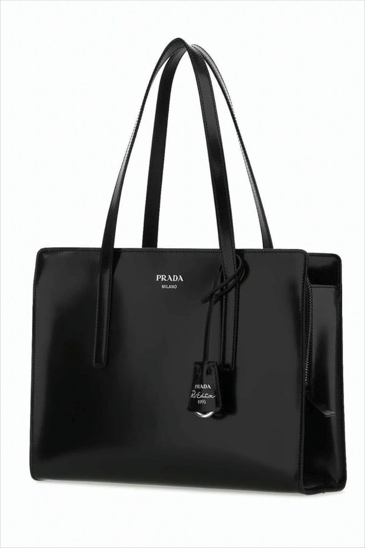 Prada Glossy Finish Structured Shoulder Bag With Subtle Logo