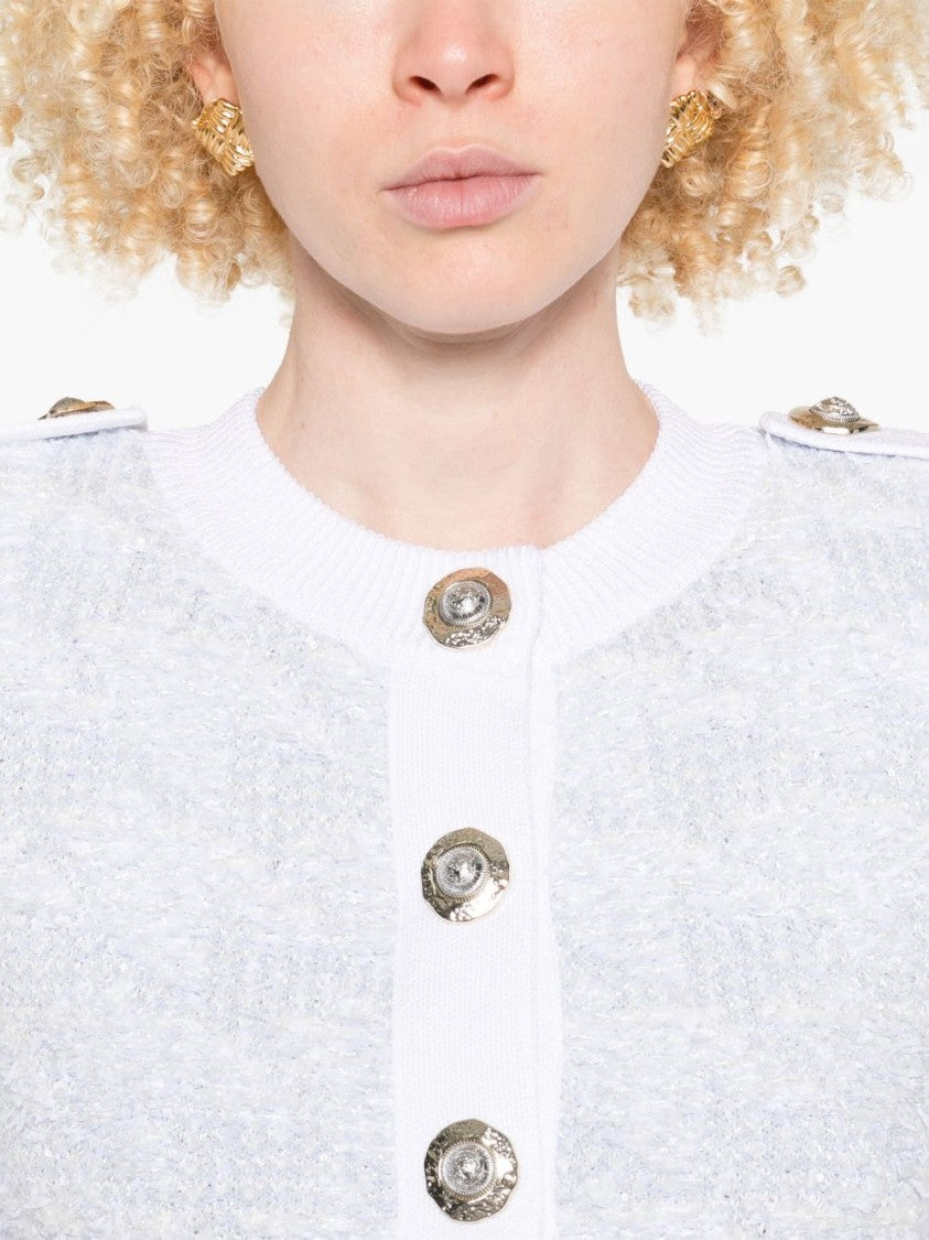 Balmain Light Blue Epaulette Button Front Sweater