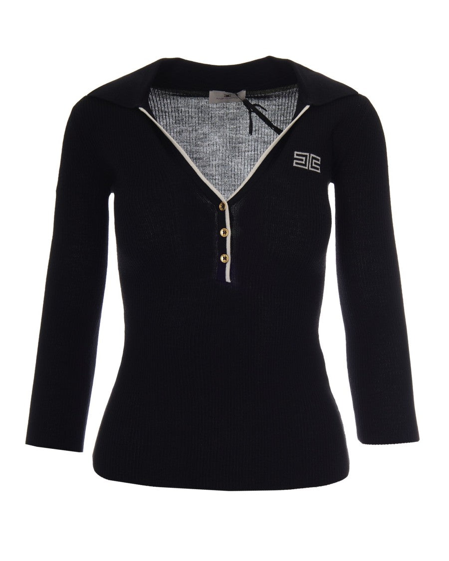 Elisabetta Franchi Ribbed Knit Polo With Boat Collar And Contrasting Logo Intarsia