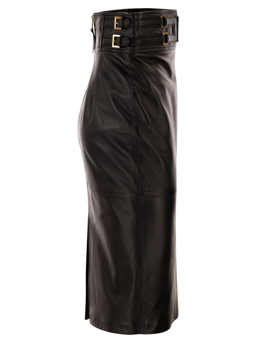 Elisabetta Franchi Midi Leather Skirt With Embossed Logo